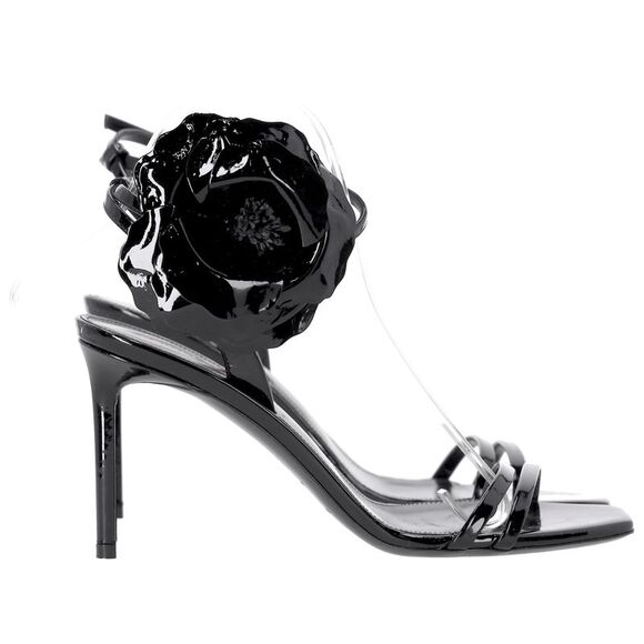 Saint Laurent Amber Flower-corsage Sandals In Black Patent Leather - Picture 1 of 12